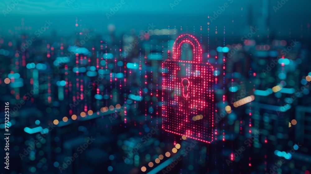Poster an illustration of a cyber security data protection concept against a city background...