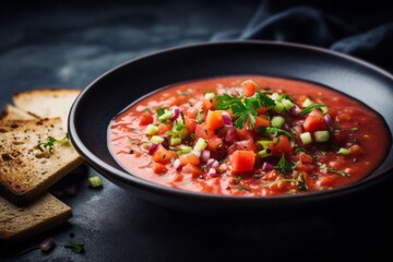 Exquisite gazpacho on a slate plate against a denim fabric background