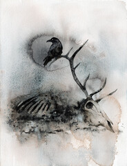 A raven bird perched on a deer skull in a monochrome painting, Save the wild nature concept