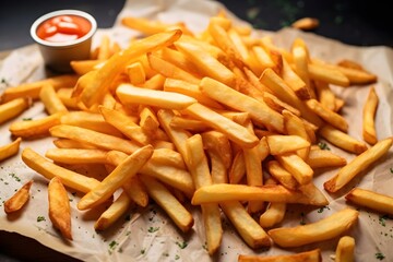 Crispy golden french fries with ketchup, food photography, menu, restaurant concept 