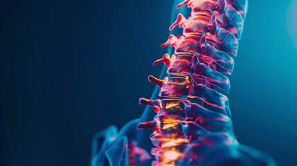 An X-ray of the human spine against a blue background. The neck spine highlighted in yellow-red indicates areas of concern. Depicting medical examinations for spinal injuries - obrazy, fototapety, plakaty