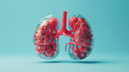 A detailed transparent model of human lungs used for medical education, isolated on a teal background. - obrazy, fototapety, plakaty