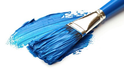 Paintbrush with vibrant blue paint applied on white surface, artistic tools and creativity concept.