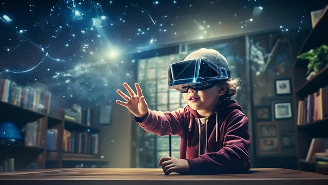 Side view portrait of little boy wearing VR headset augmented technology. Little kid boy wearing virtual reality goggles experiencing reality. Virtual technology	