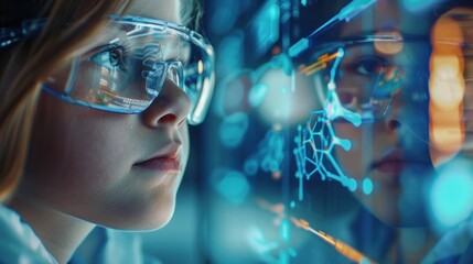 Female scientist analyzing genetic data with futuristic augmented reality technology in high-tech laboratory. Innovation and research in science. - obrazy, fototapety, plakaty