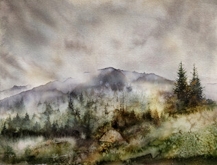 Foggy mountain landscape with trees, mountains, and clouds in watercolor, wall art print - 773225769