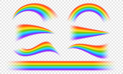 Colorful realistic rainbow effect on transparent background. Vector blurred rainbow arch for overlaying. Rainbow PNG. Fantasy decorative element.