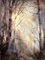 Nature painting of leafless trees in forest landscape with watercolors, wall art print - 773226161