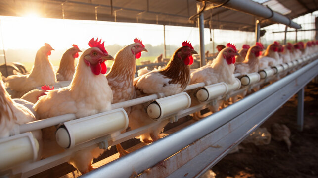 Chickens in Poultry Farm at Sunset