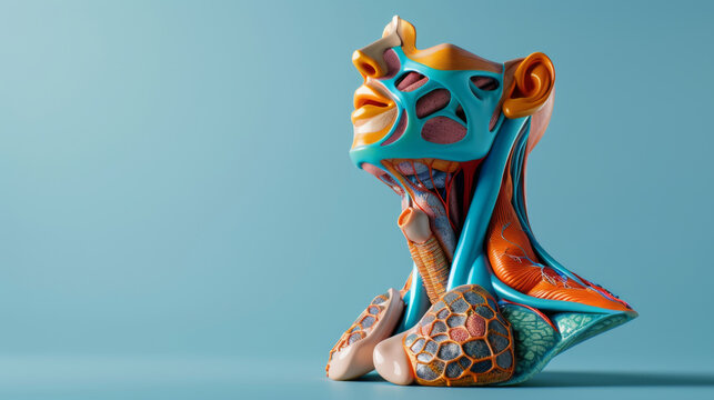 An anatomical representation of the human respiratory and vocal tracts with detailed structures on a cyan background.