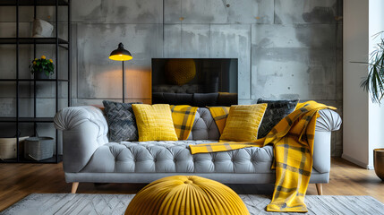 Conception de salon loft moderne : un havre de paix sophistiqué avec un canapé capitonné gris,...