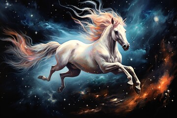 Obraz na płótnie Canvas a white horse with orange mane and tail in space