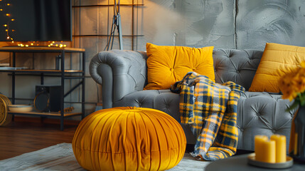 Conception de salon loft moderne : un havre de paix sophistiqué avec un canapé capitonné gris, des oreillers jaunes, des accents à carreaux, un pouf jaune vif et un mur en béton