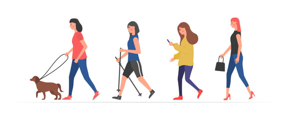 People on the street in different activity situations - dog walking, running, relaxing. Walking people. Various characters outdoors physical activity. Humans strolling with smartphones.
