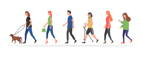 People on the street in different activity situations - dog walking, running, relaxing. Walking people. Various characters outdoors physical activity. Humans strolling with smartphones.