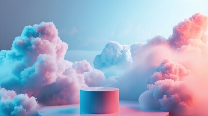 Dreamy blue product display with 3D cloud podium against pastel sky backdrop.