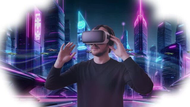 Man wearing VR headset in future