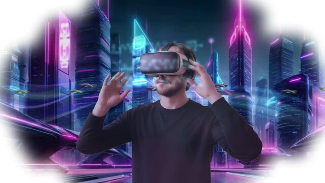 Man wearing VR headset in future