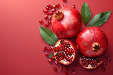 Top view of red ripe pomegranates with green leaves on red background