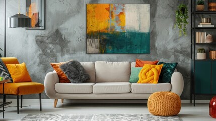 Abstract painting on grey wall of retro living room interior with beige sofa with pillows, vintage...