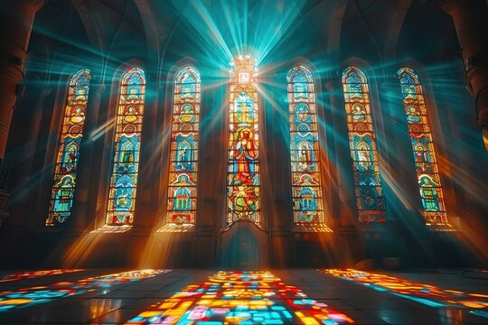 Sun rays pierce through stained glass windows in a Church