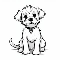 Fototapeta premium Isolated black outline cartoon sitting dog on white background. Curve lines. Page of coloring book.