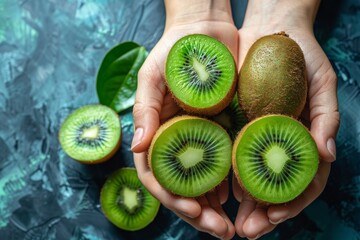 Top view of kiwi fruit in hands, selective focus