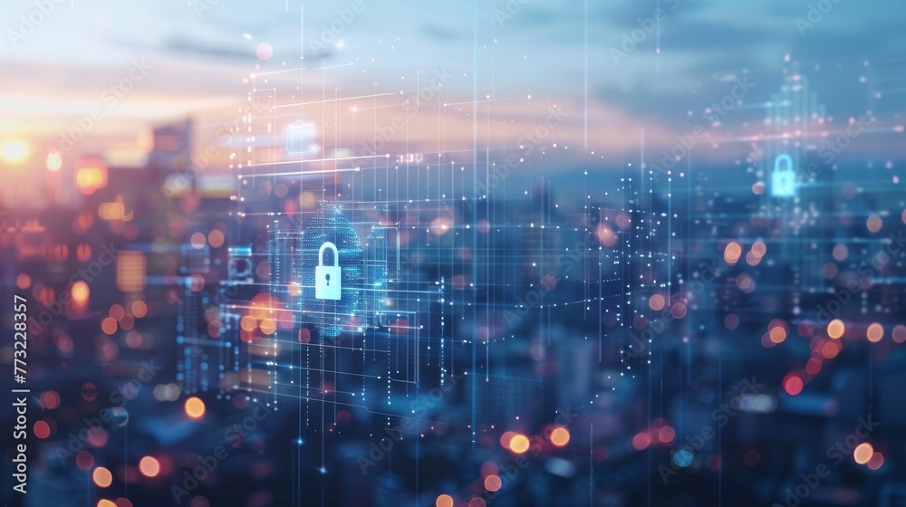 Poster on a city background, a concept of cyber security data protection is shown...