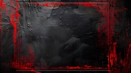 Expressive red paint strokes in rectangular arrangements on rough black wall, red grunge border design on dark backdrop - obrazy, fototapety, plakaty