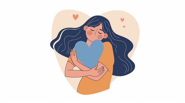 Mulher abraçando um coração - conceito de amor próprio -  Ilustração
 