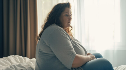 Mulher acima do peso sentada na cama em depressão e tristeza  - obrazy, fototapety, plakaty