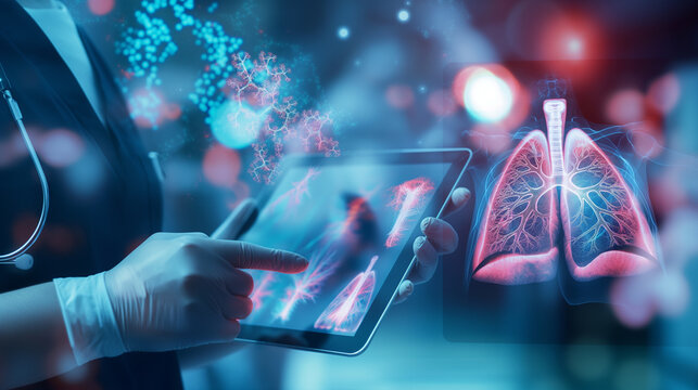 Medico segura um tablet com imagens de um pulmão