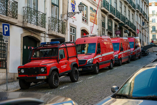Fire Department vehicles parked outside the fire station in Lisbon, Portugal.
