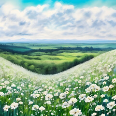 Obraz premium A_vast_field_of_white_flowers_in_the_distanceblue_sky_0.Generative AI
