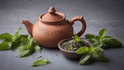 Foto op Aluminium Clay teapot mint and tea © Salwa