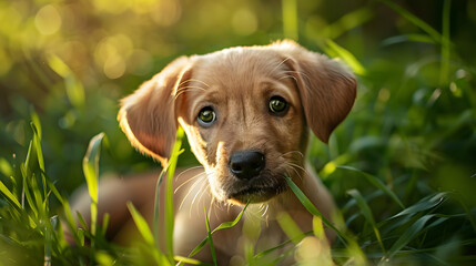 Frolics ludiques de chiots : une vue joyeuse d'un petit chien courant avec des oreilles tombantes dans un jardin luxuriant