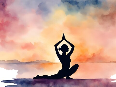 Black silhouette of a woman in a yoga pose illustration with soft sunset sunrise watercolor painting style colors background
