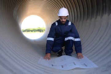 A focused construction engineer in a hard hat and work overalls examines architectural blueprints inside a large metal tunnel..