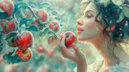 Illustration of a woman with an apple that is both beautiful and sweet	 - obrazy, fototapety, plakaty