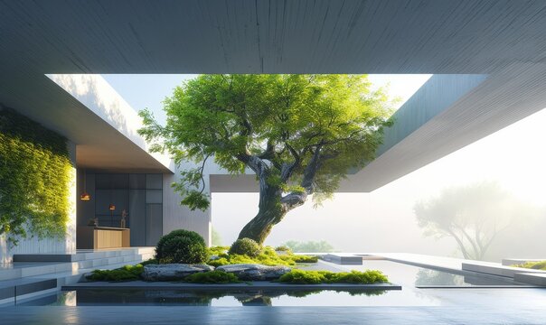 Exterior view of a sleek, minimalistic eco-home, featuring expansive glass windows and a lush green tree, green energy solutions