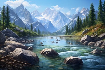 a river flowing through a valley with rocks and trees