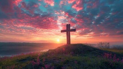 The cross on a hill under a sky painted with pastel Easter colors, a peaceful, solemn tribute. a Christian cross atop a hill during a vibrant sunset, symbolizing hope and faith - obrazy, fototapety, plakaty