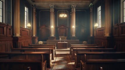 Courtroom interior. Empty Courthouse room interior. Law and Justice concept - obrazy, fototapety, plakaty