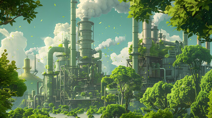 Paradis écologique : une planète prospère grâce à un air pur et une industrie durable - Un croquis d'éco-usine - obrazy, fototapety, plakaty