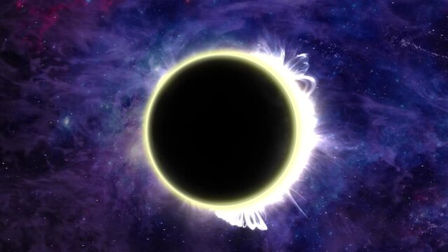 Eclipse Purple Space and Solar Flares 4K features a sun with solar flares and a darkened moon covering it for a full solar eclipse with a colorful purple space background.