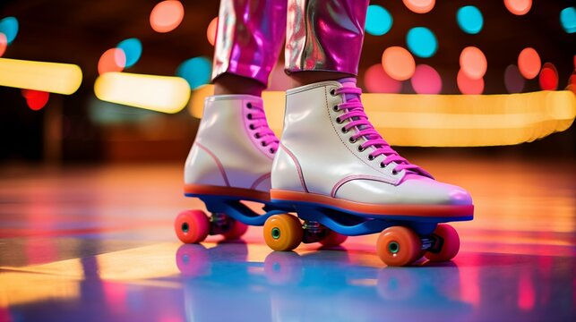 Close-up von wei&szlig;en Retro Rollschuhen mit bunten gl&auml;nzenden R&auml;dern auf einer neon farbigen, beleuchteten Rollschuhbahn