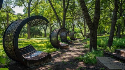 Row of Benches in Forest