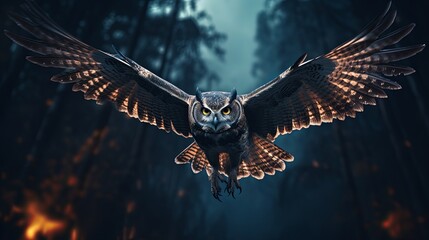 A owl gently hovers in front of a full moon, silhouetted against its glow while scanning the ground for prey, macro photography