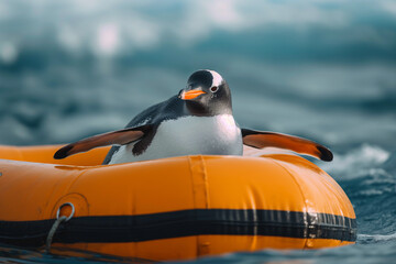 Photo of A penguin lounging on an inflatable raft - obrazy, fototapety, plakaty