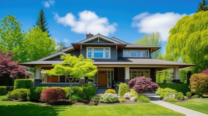Fototapeta na wymiar Beautiful Home Exterior in north America. Real Estate Exterior Front House. Big typical house with beautiful landscaping. House with landscaped front yard in a residential neighborhood